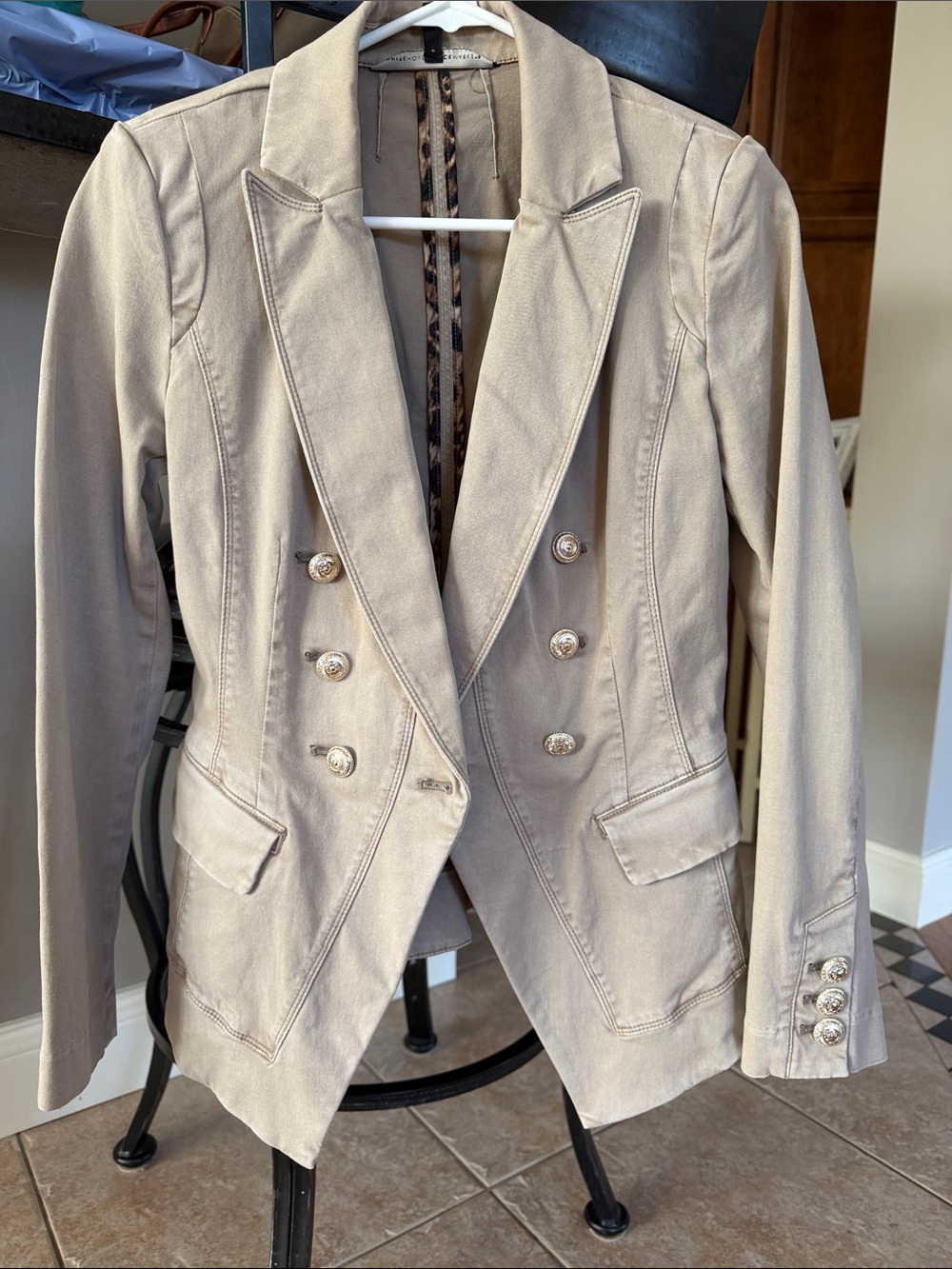White House Black Market Beige Double-Breasted Blazer with Gold Buttons